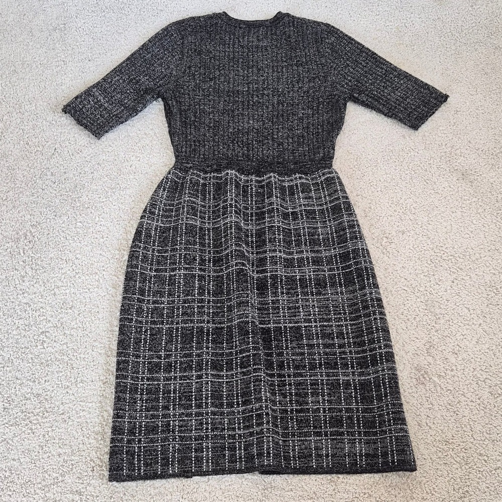 London Times Metallic Sweater Dress Large Black Plaid Button Dark Academia - Picture 5 of 11